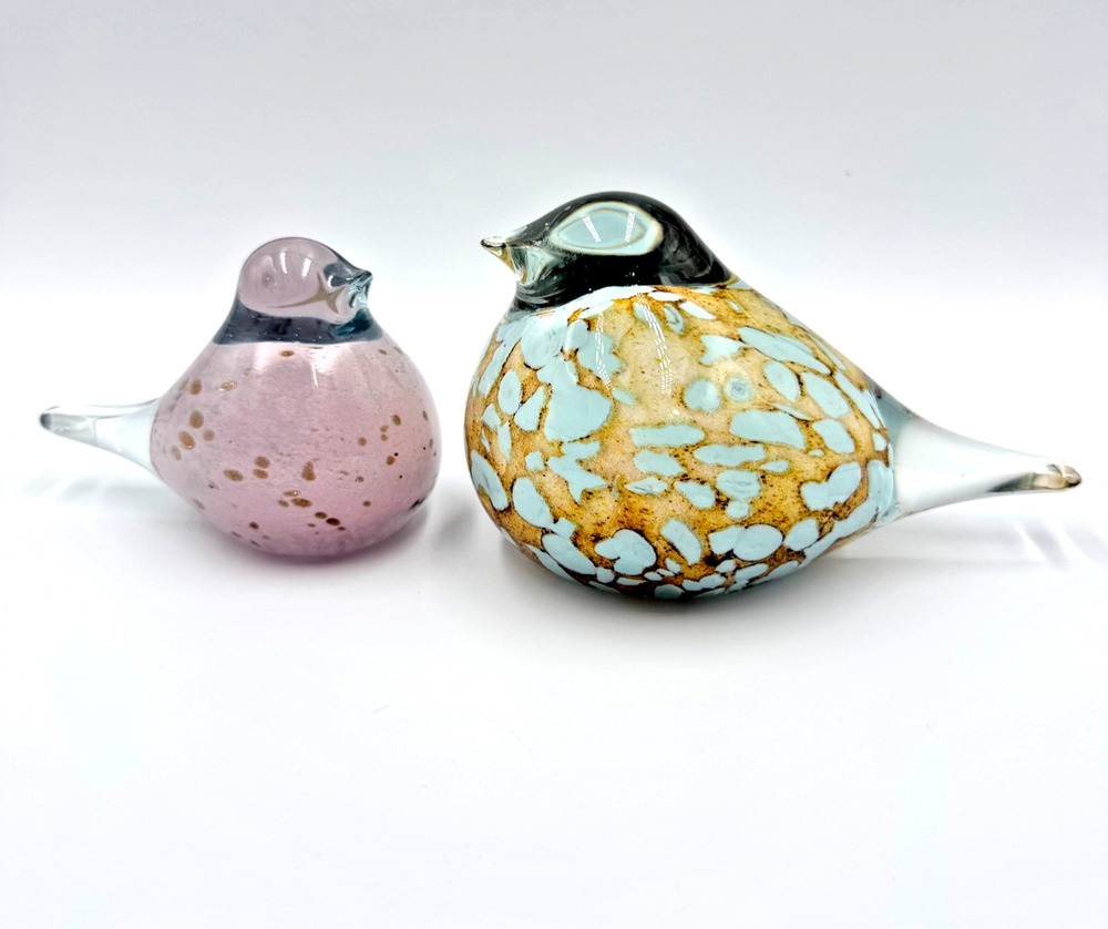Handmade Handblown Art Glass Birds Set of 2 Farmhouse Decor Pink Aqua Speckled